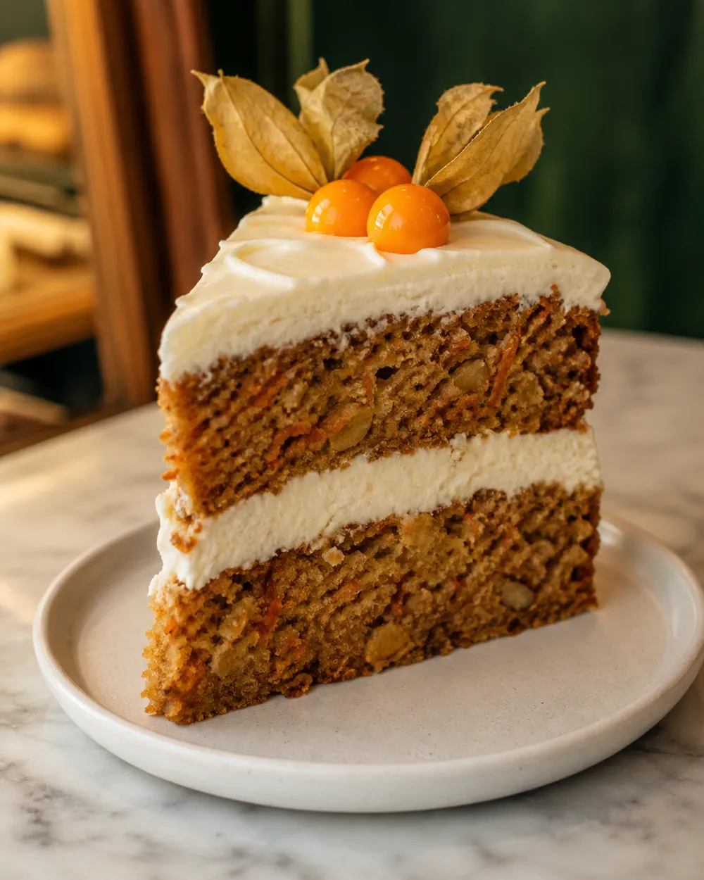 Porción de carrot cake con crema de queso y aguaymanto