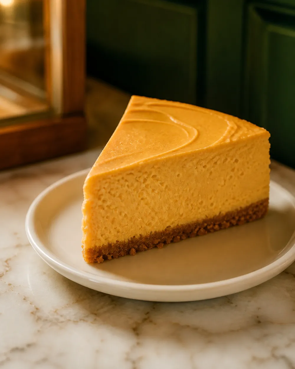 Porción de cheesecake de lúcuma sobre base de galleta