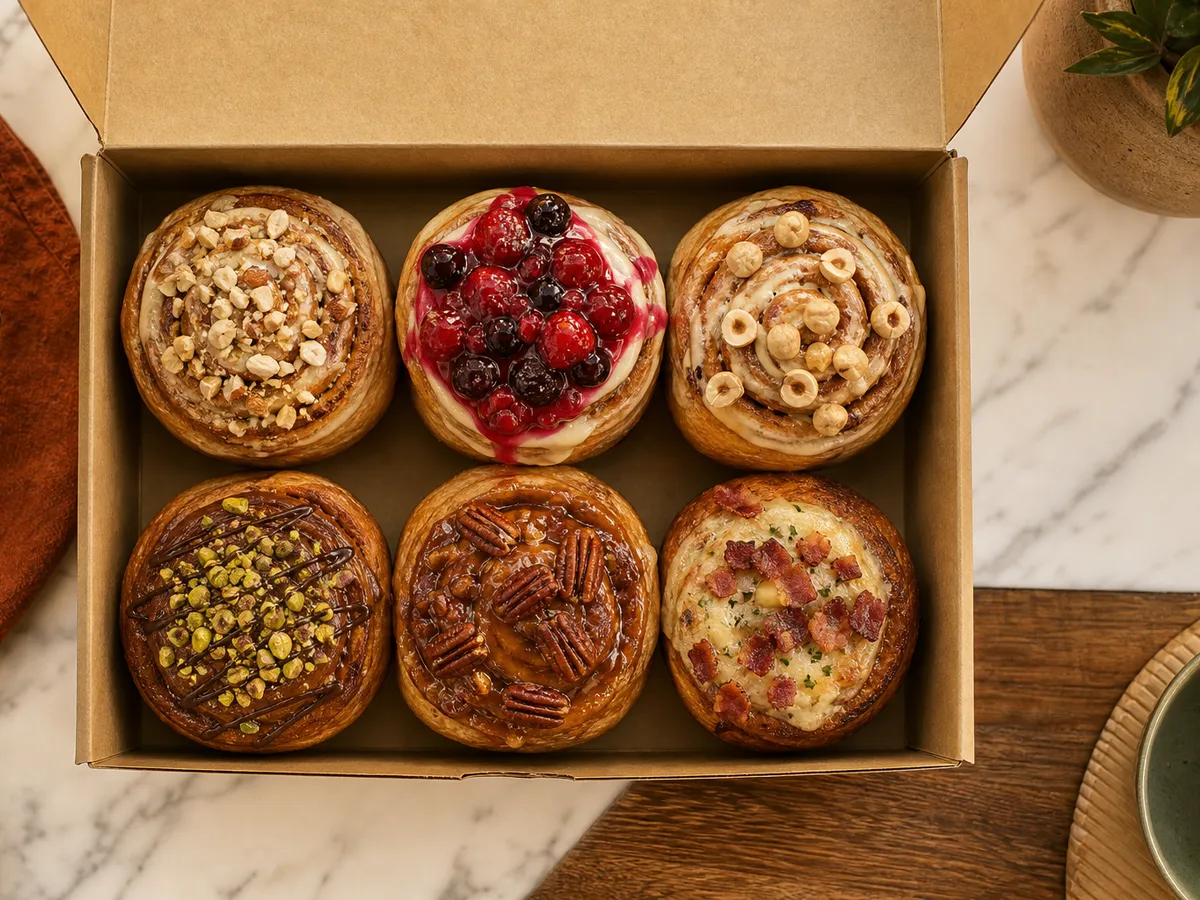 Box abierto con seis roles de canela de distintos sabores
