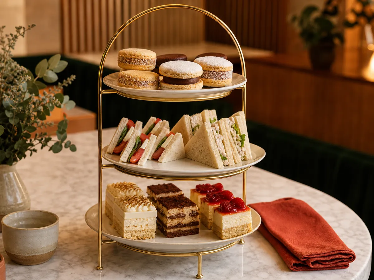 Torre de tres pisos con postres, sándwiches y galletas