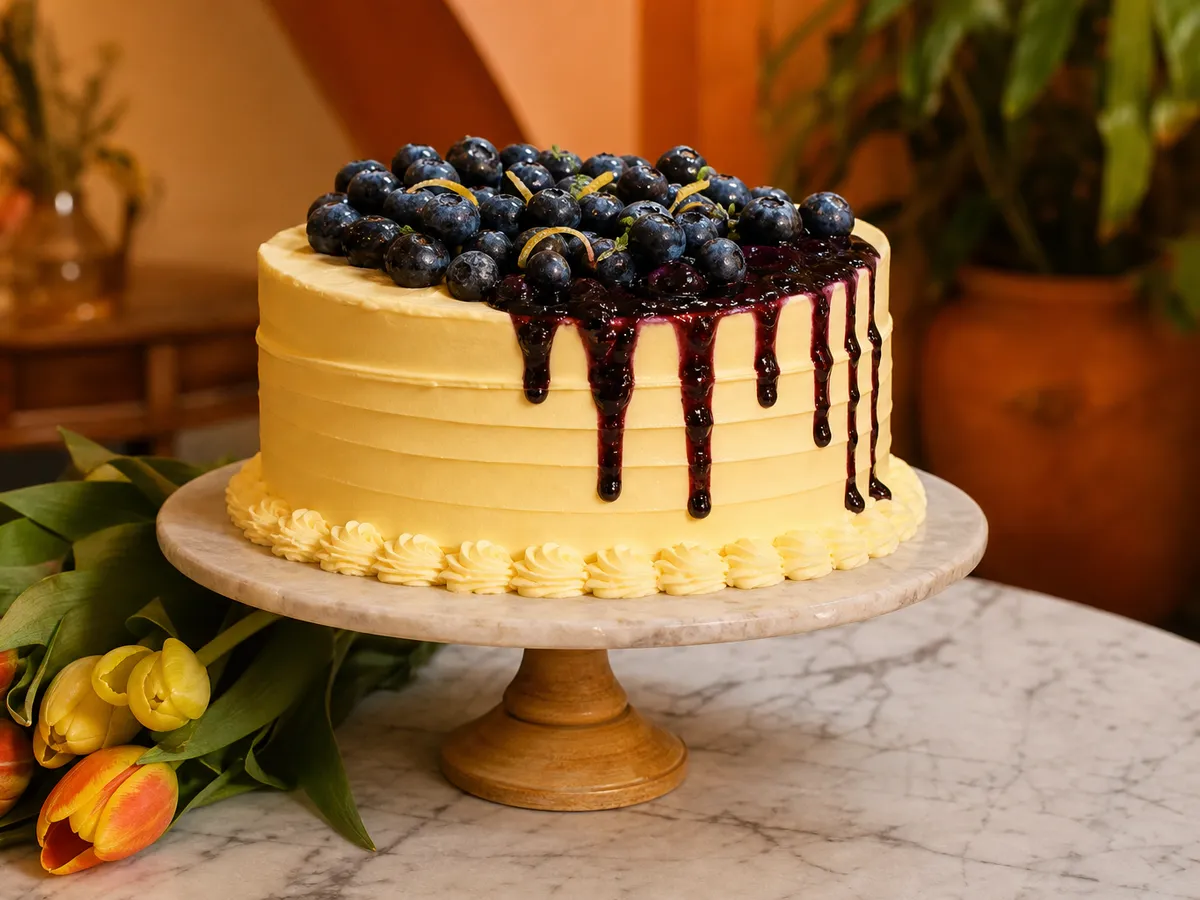 Torta de arándanos y limón decorada con tulipanes