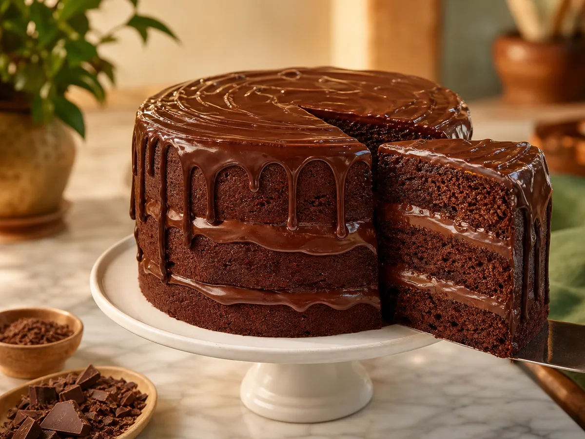 Torta de tres capas de queque con fudge
