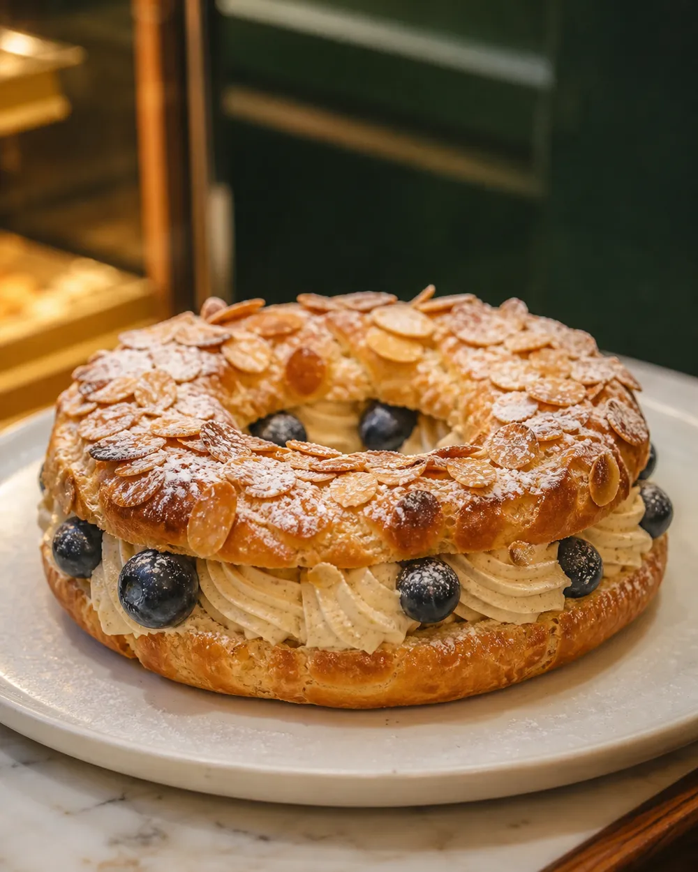 Paris Brest entero con almendras laminadas y arándanos