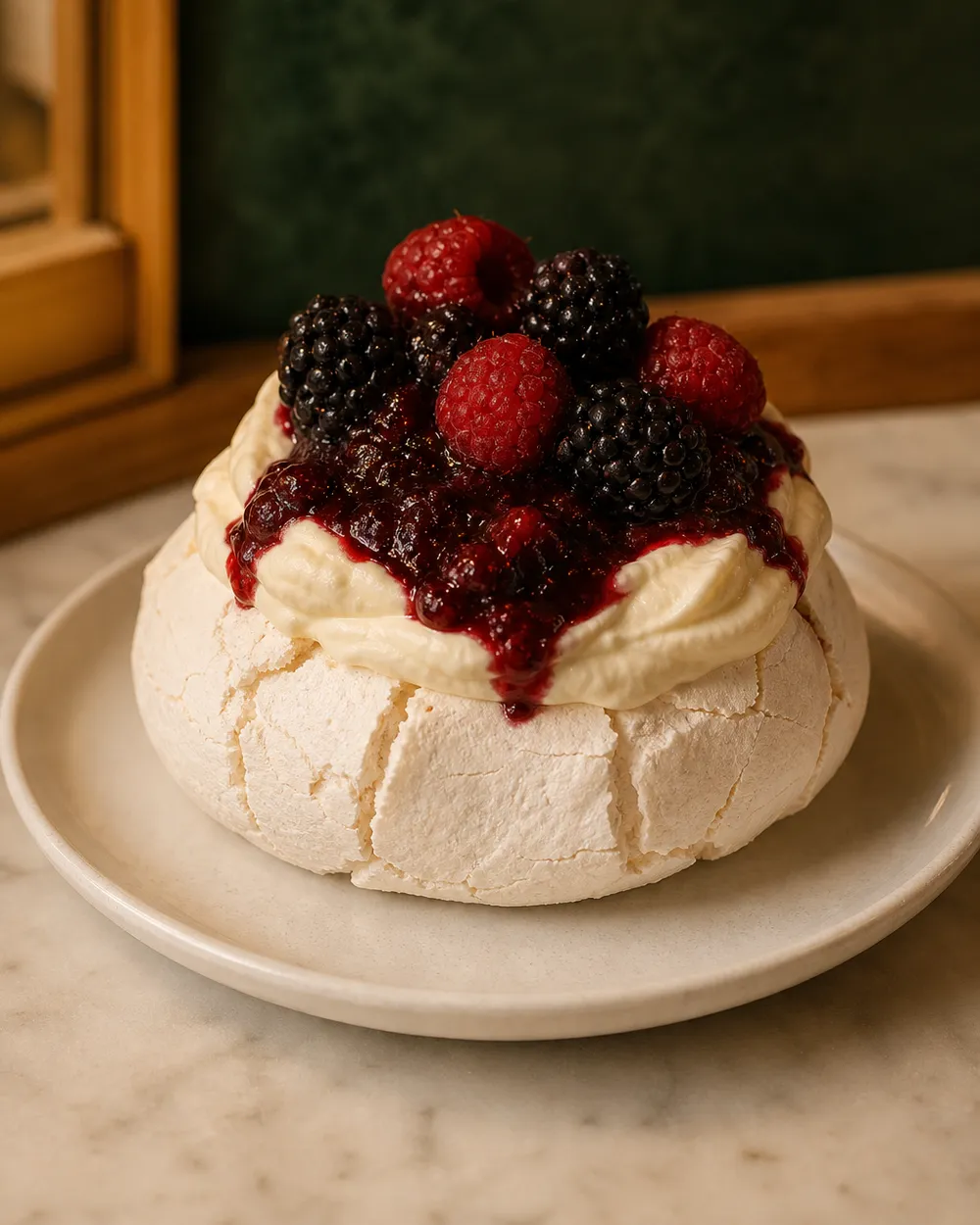 Pavlova individual con crema chantilly y compota de frutos del bosque