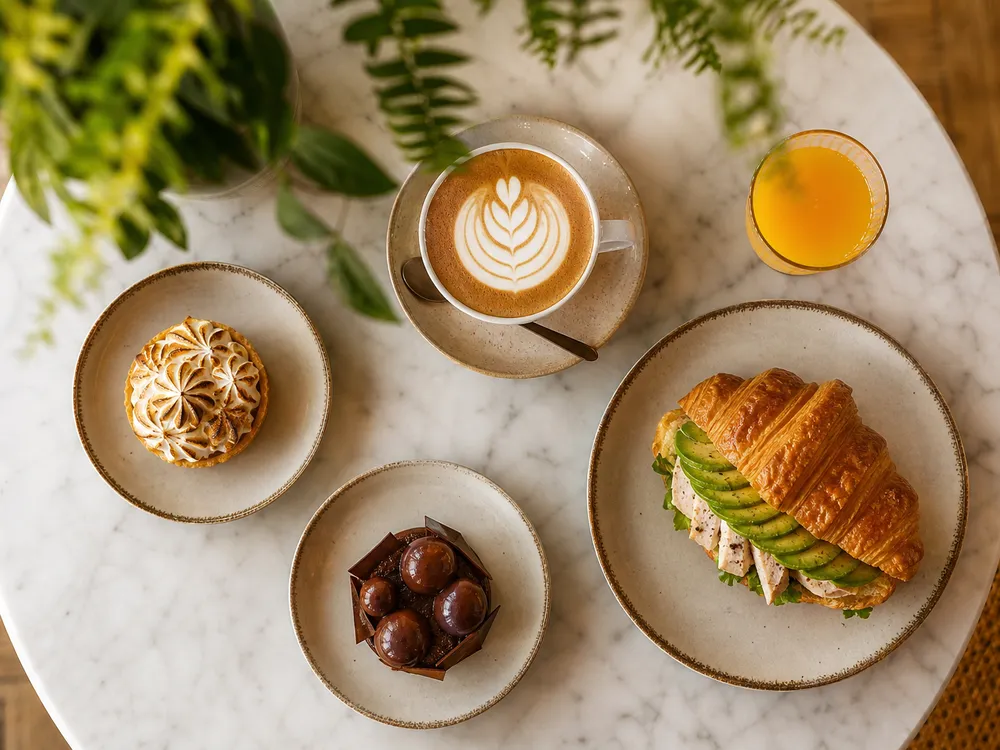 Mesa de brunch con cappuccino, sándwich y postres