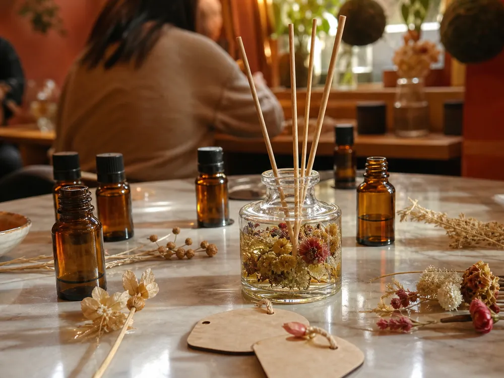 Difusor de varillas con frascos de esencia