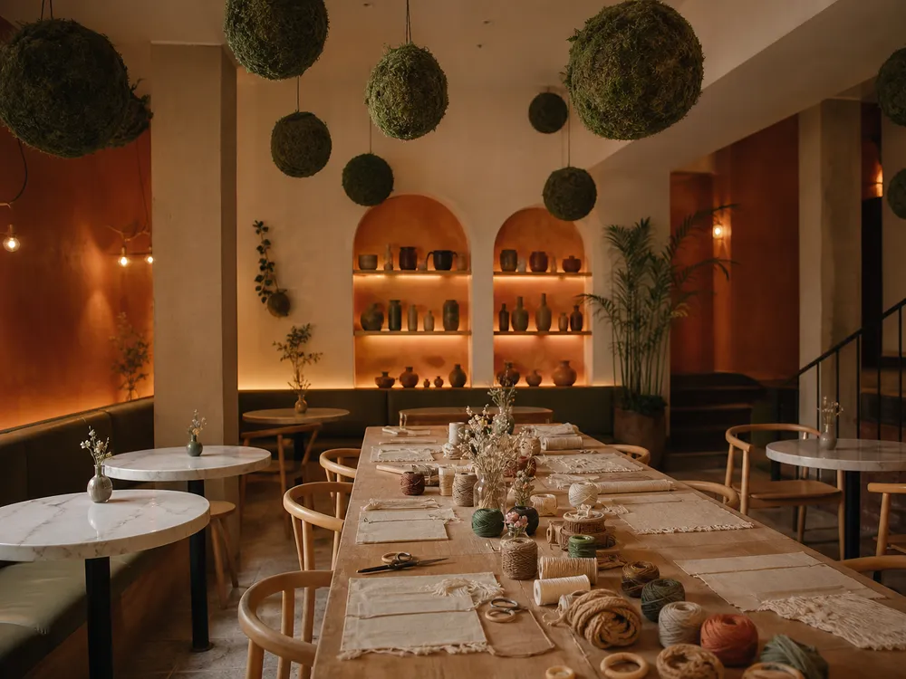 Salón de Leodric con la mesa larga montada para un taller, pared terracota y plantas colgando