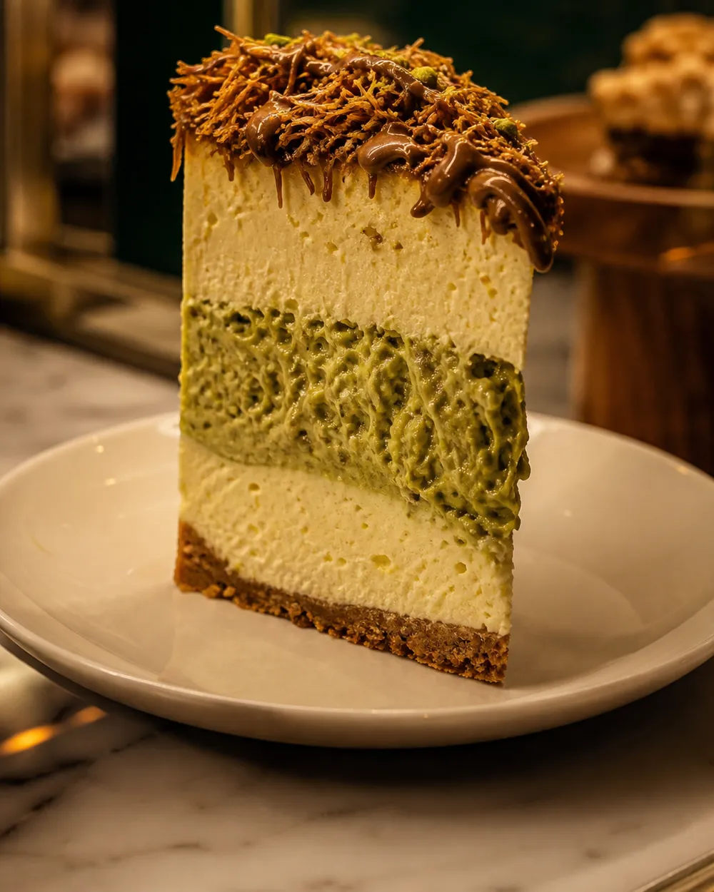 Porción de tarta de queso dubai con capa de pistacho y chocolate