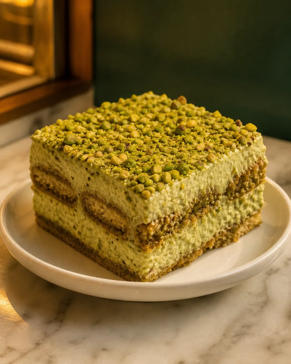 Porción de tiramisú de pistacho con pistachos triturados encima