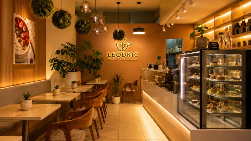 Salón de Leodric con mesas de mármol, plantas colgantes y la vitrina al fondo