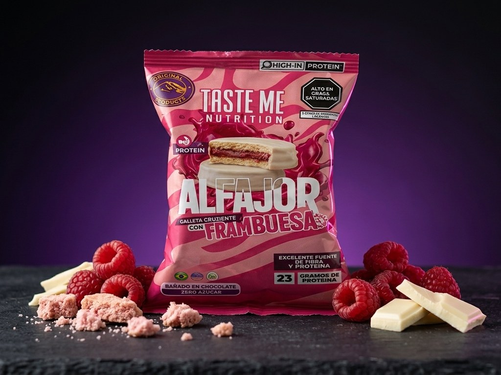 Taste Me Protein Alfajor de Frambuesa, packaging fucsia con producto cortado