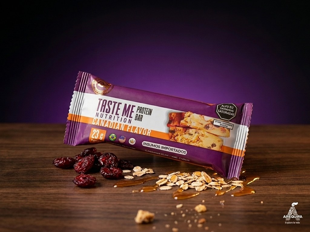 Taste Me Canadian Protein Bar, packaging granate y naranja