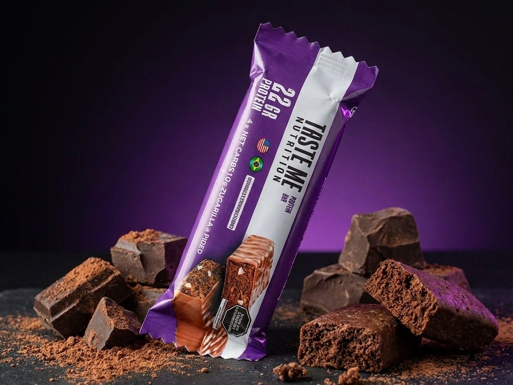 Taste Me Protein Bar Chocolate, packaging morado con barra cortada