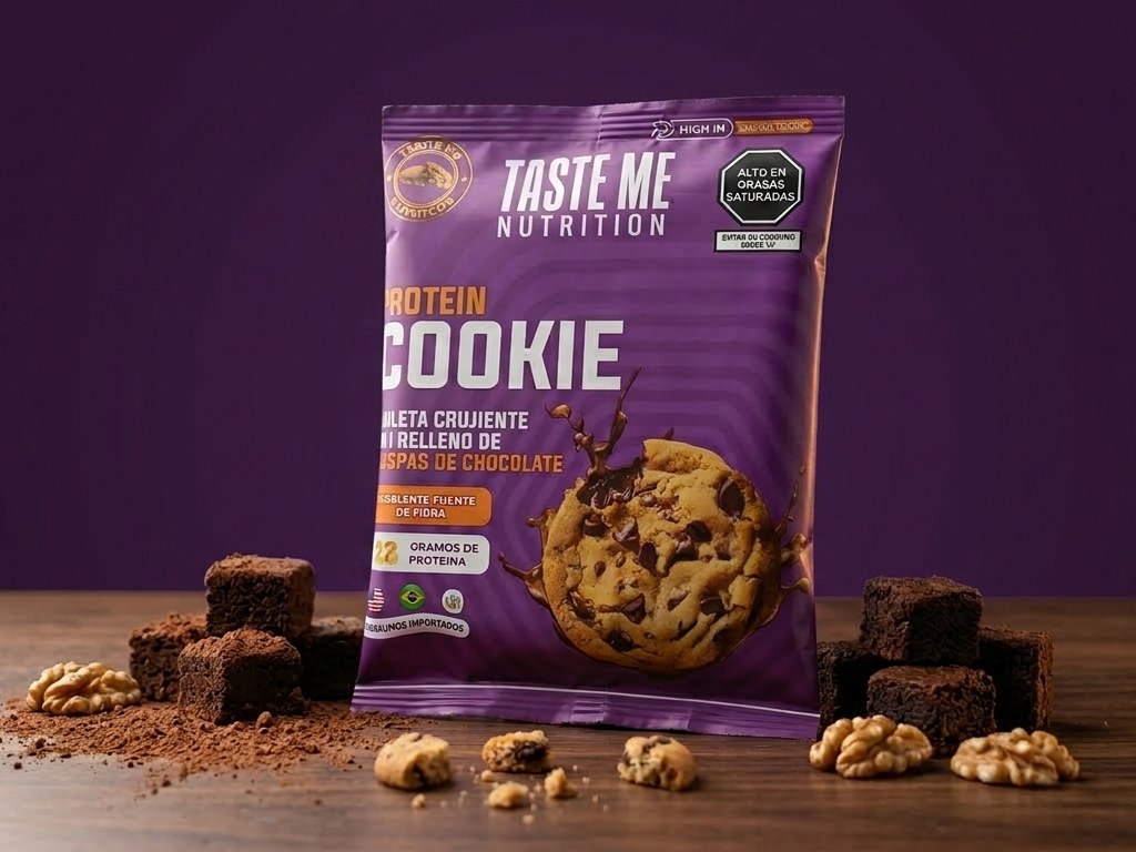 Taste Me Protein Cookie, packaging morado con galleta visible